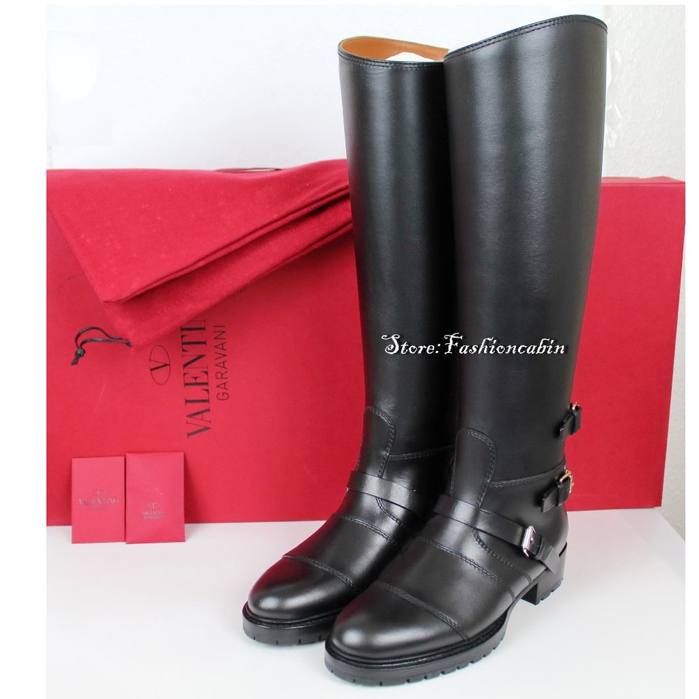 NEW Valentino Garavani Rockstud Tall Leather Boots, Black, EU 36.5